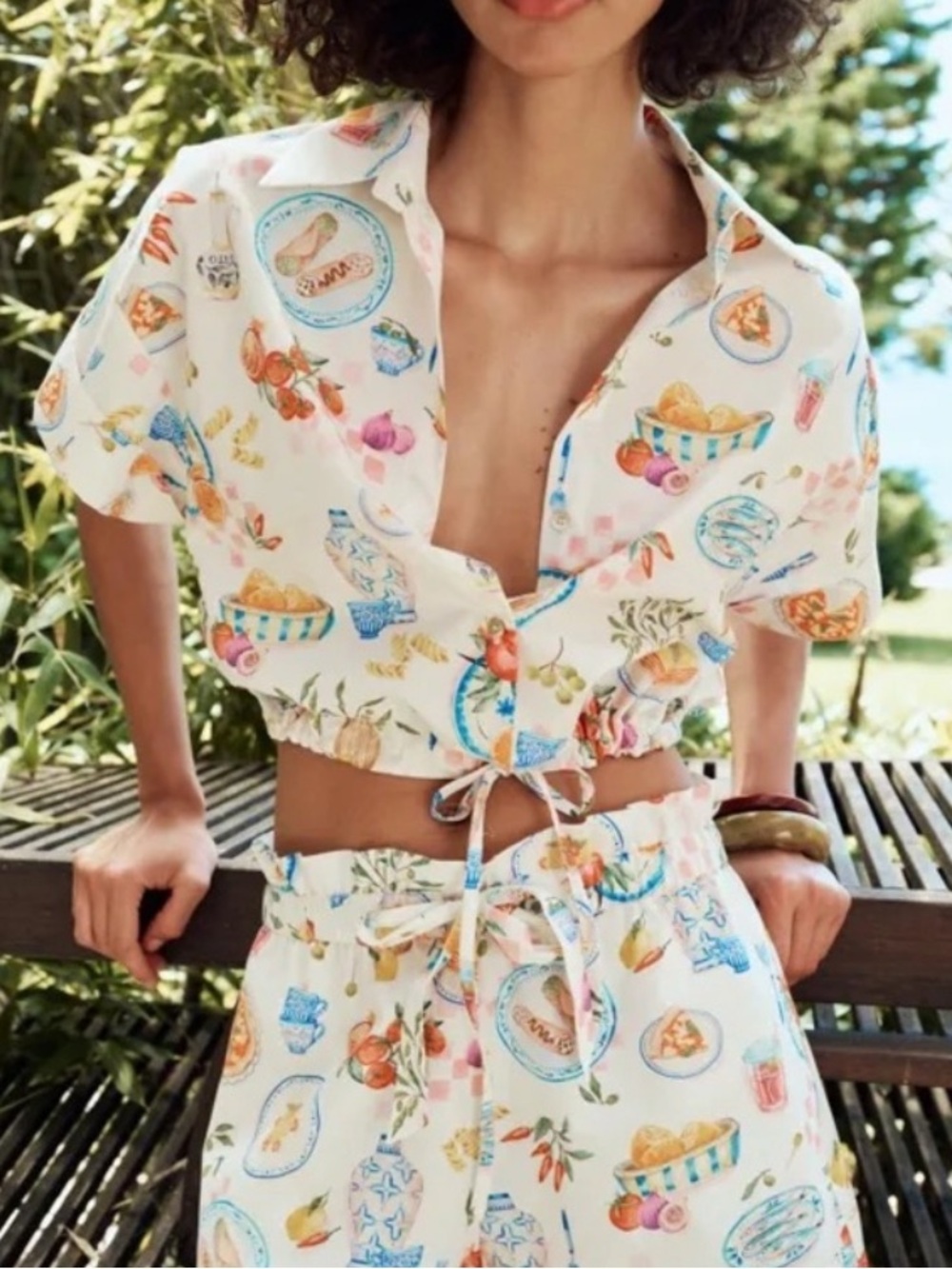 Zara Cream Italian food Printed Drawstring Crop Shirt
